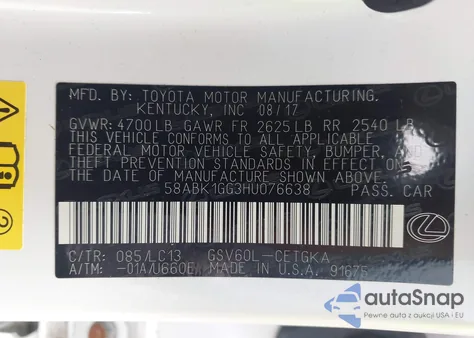 2017 Lexus Es 350 from USA, damaged, VIN 58ABK1GG3HU076638